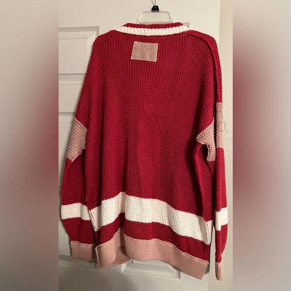 Free People Women's Red Cream Chelsea Front Pocket Cardigan NWOT L #2001